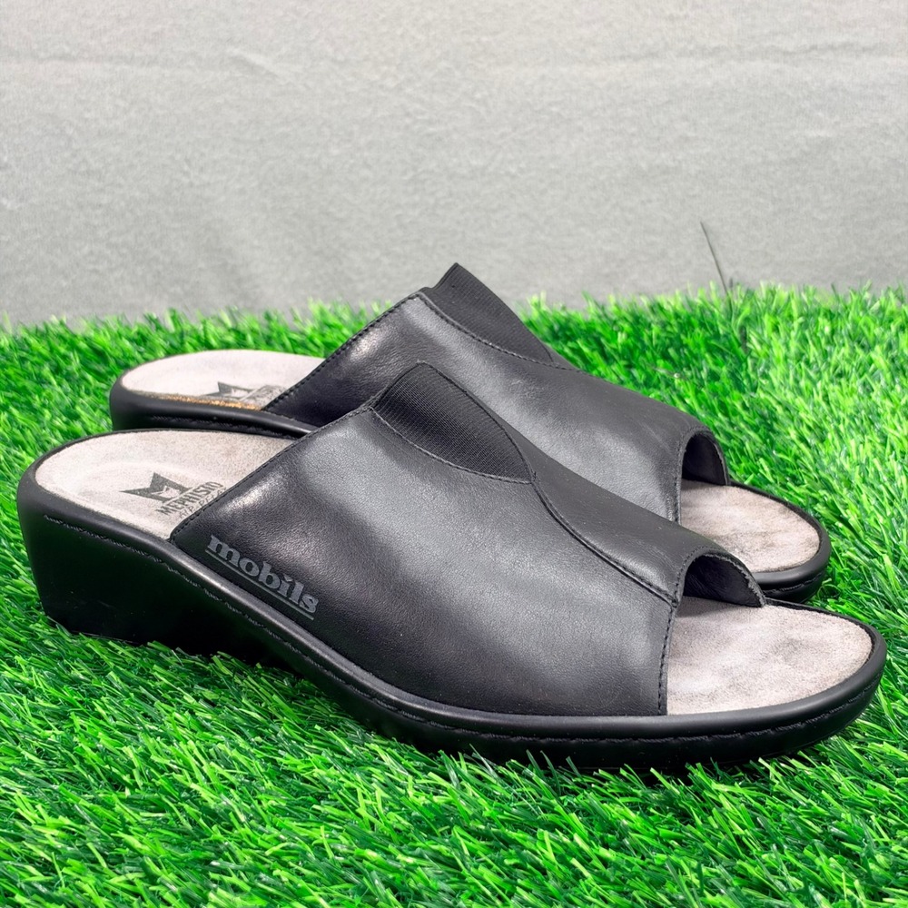 Mephisto Mobils Air-Relax Black Leather Peep Toe Wedge Slide Sandals 41 US 11